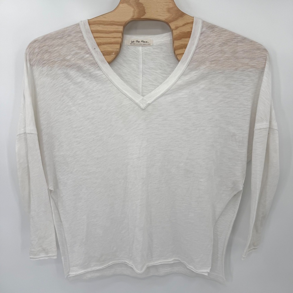 We The Free T-Shirt Women XS White Long Sleeve Slub V-Neck Oversized Raw Hem
